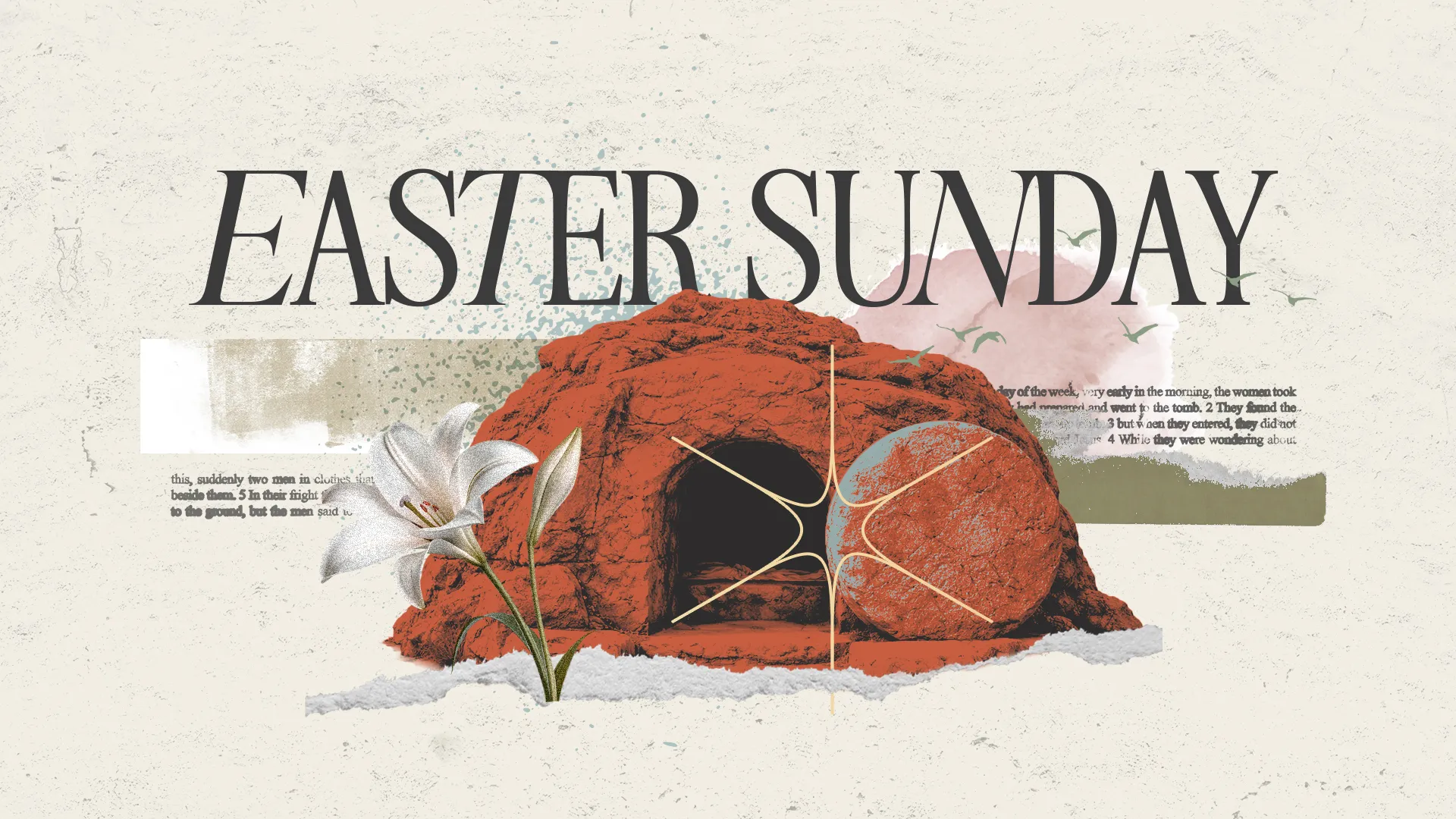 Easter Sunday artwork featuring a stone tomb, lilies, and biblical text, symbolizing resurrection and hope.