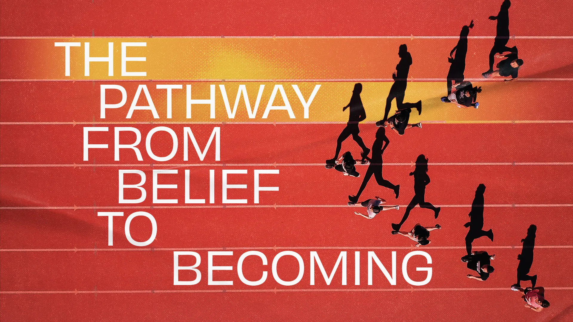 Pathway of faith illustrated through runners, symbolizing growth from belief to becoming in community and service.