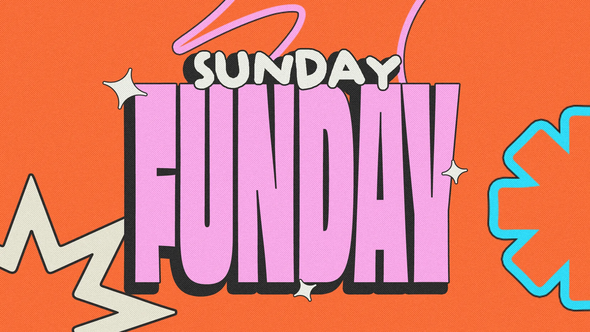 Bright, playful design featuring "SUNDAY FUNDAY" text, celebrating community and joyful worship activities.