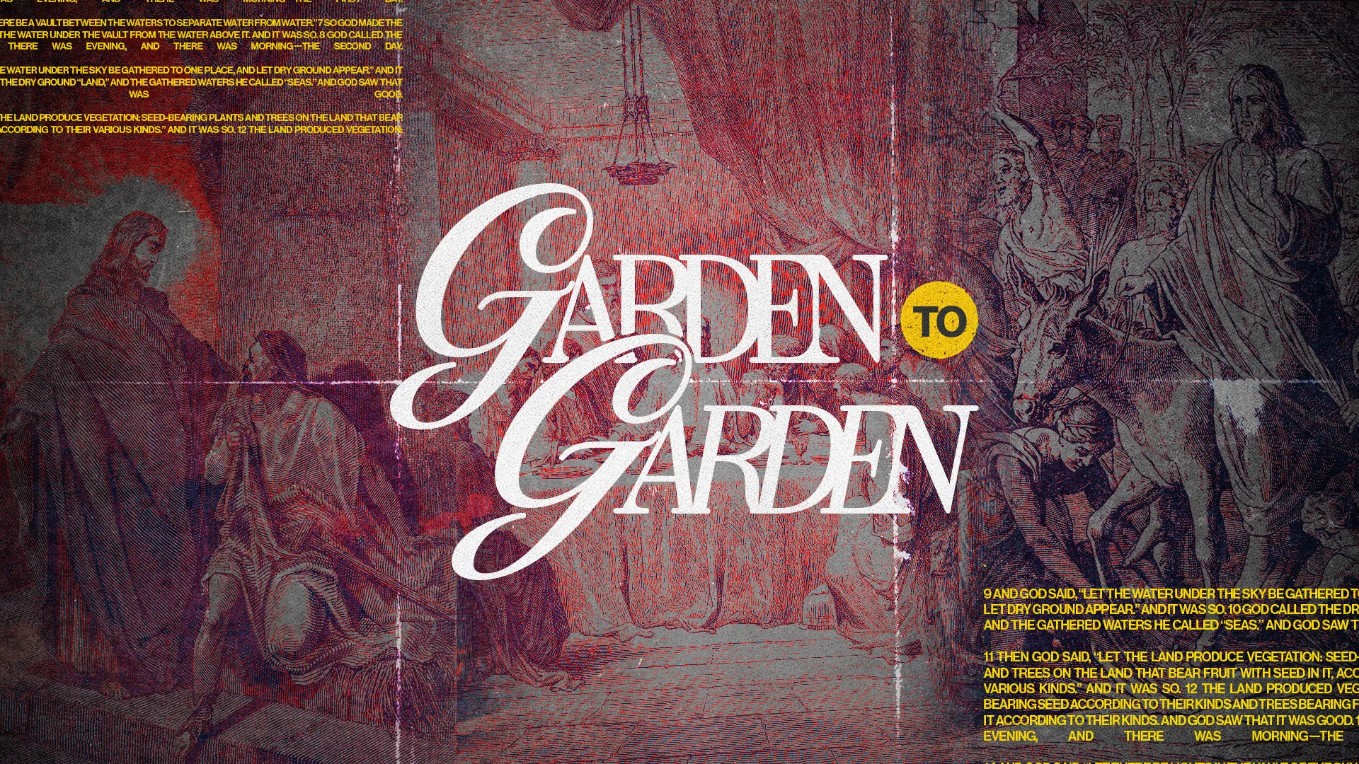Biblical imagery of creation, emphasizing faith, community, and the journey from garden to spiritual growth.