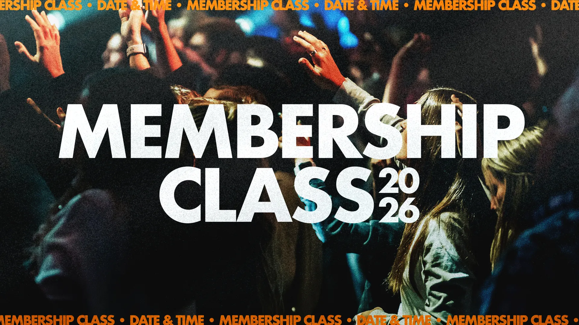 Worshippers raise hands in praise, inviting community to join the upcoming membership class. Date and time details included.