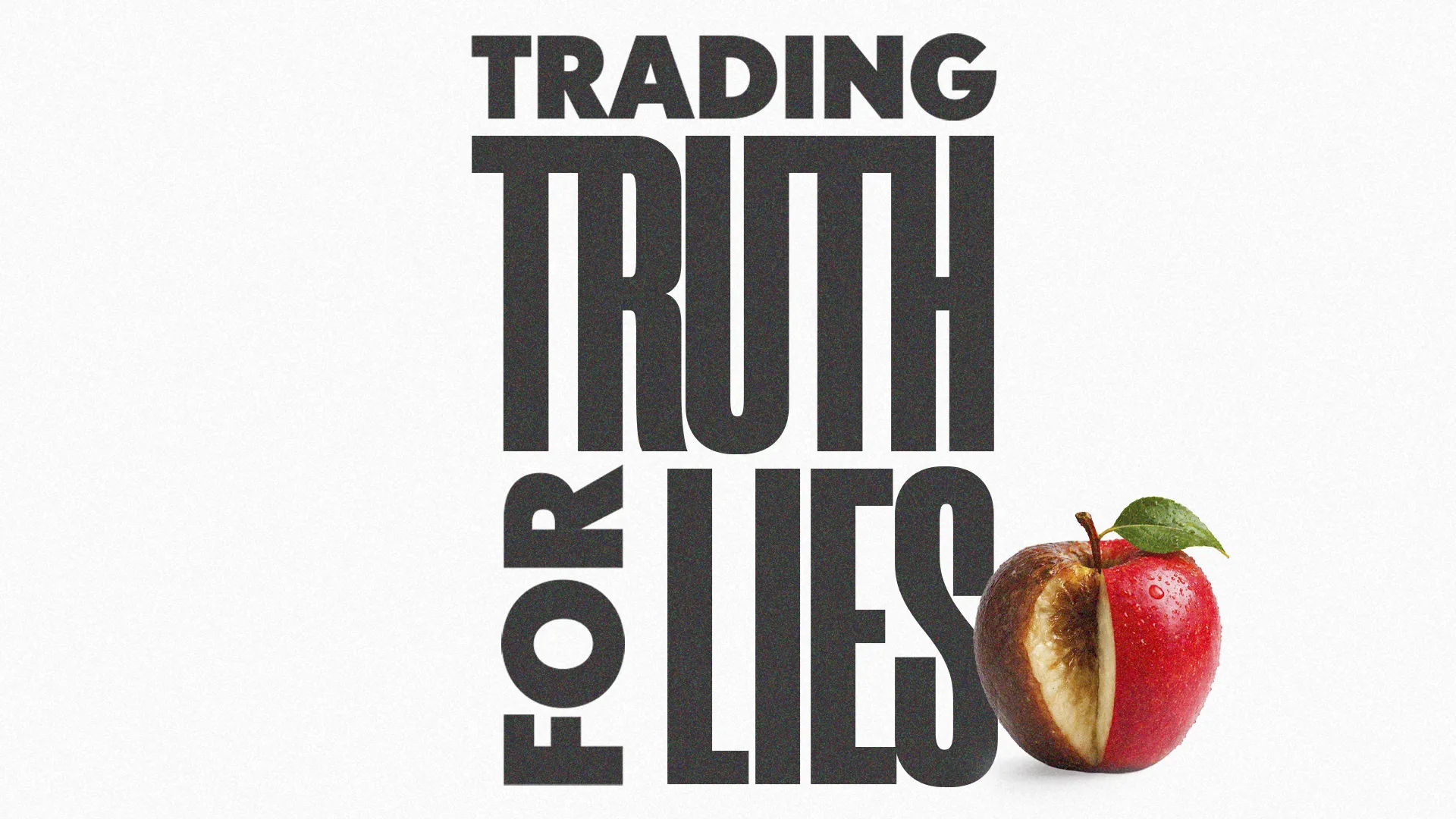 Trading truth for lies with a half-rotten apple symbolizes the choice between faith and deception.