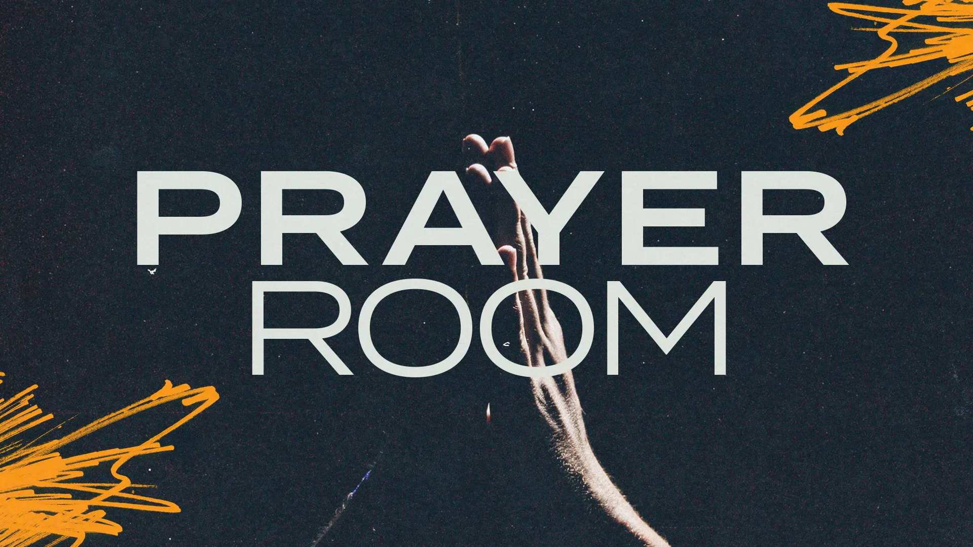 Hands in prayer, symbolizing faith and devotion, with bold text reading "PRAYER ROOM" against a dark background.