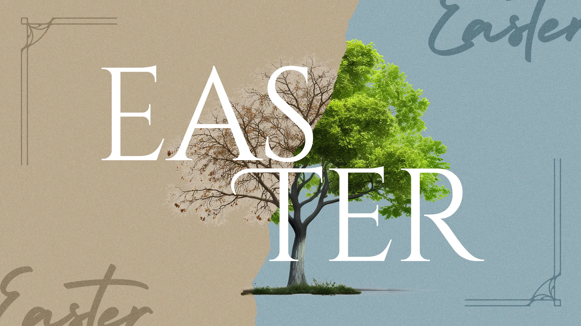 Easter theme with a split image of a barren tree and a vibrant green tree, symbolizing renewal and resurrection.