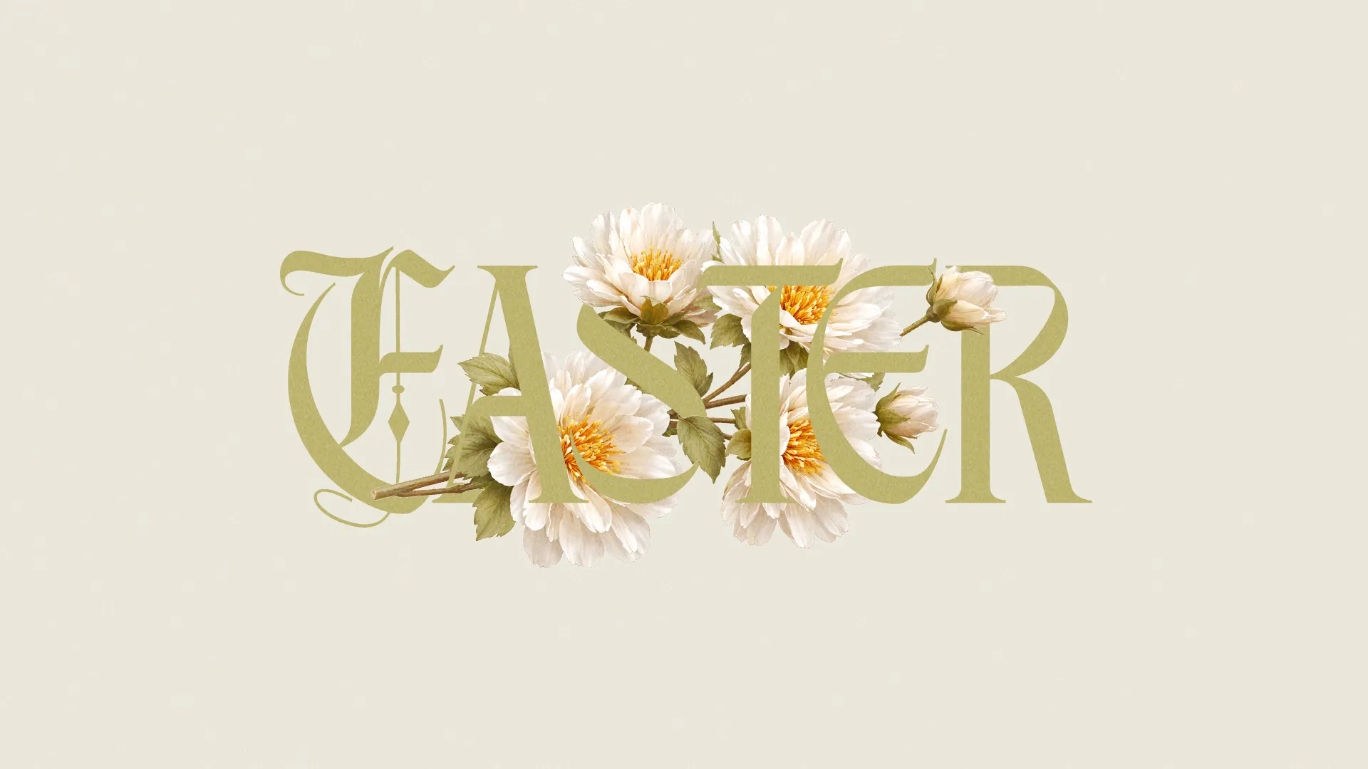 Easter text adorned with soft white flowers, symbolizing renewal and hope in faith and community.