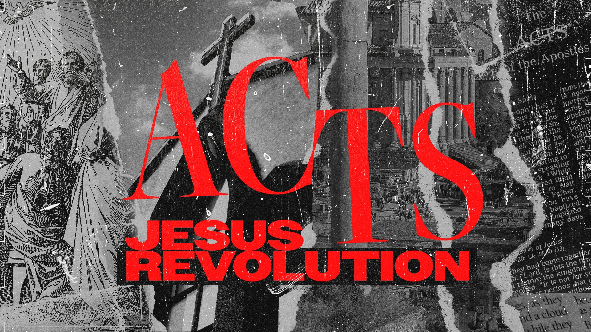 "Bold text 'ACTS Jesus Revolution' overlaid on biblical scenes, symbolizing faith, community, and spiritual awakening."