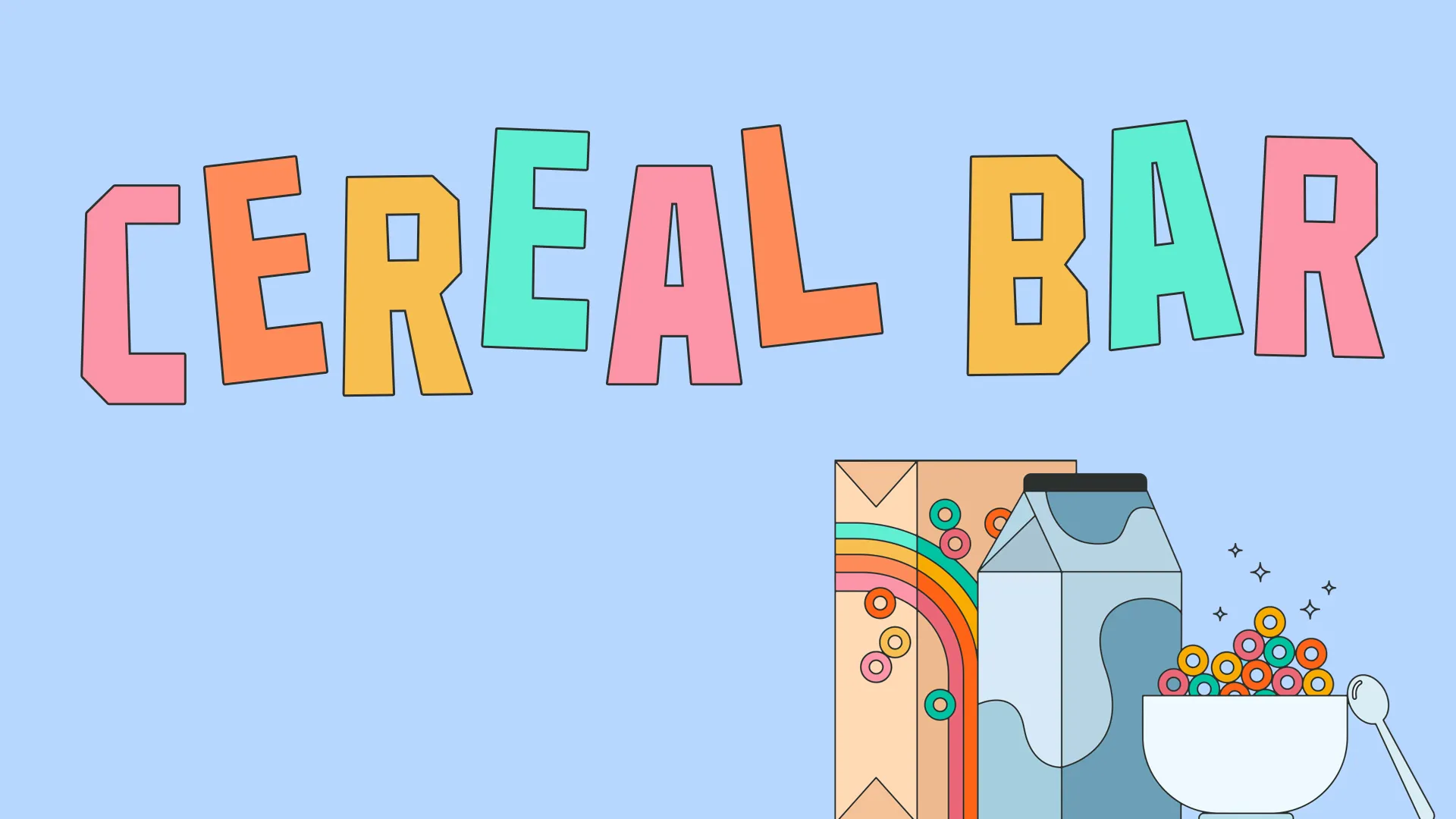 Cereal bar event invitation with colorful text, a bowl of cereal, milk carton, and playful design elements.