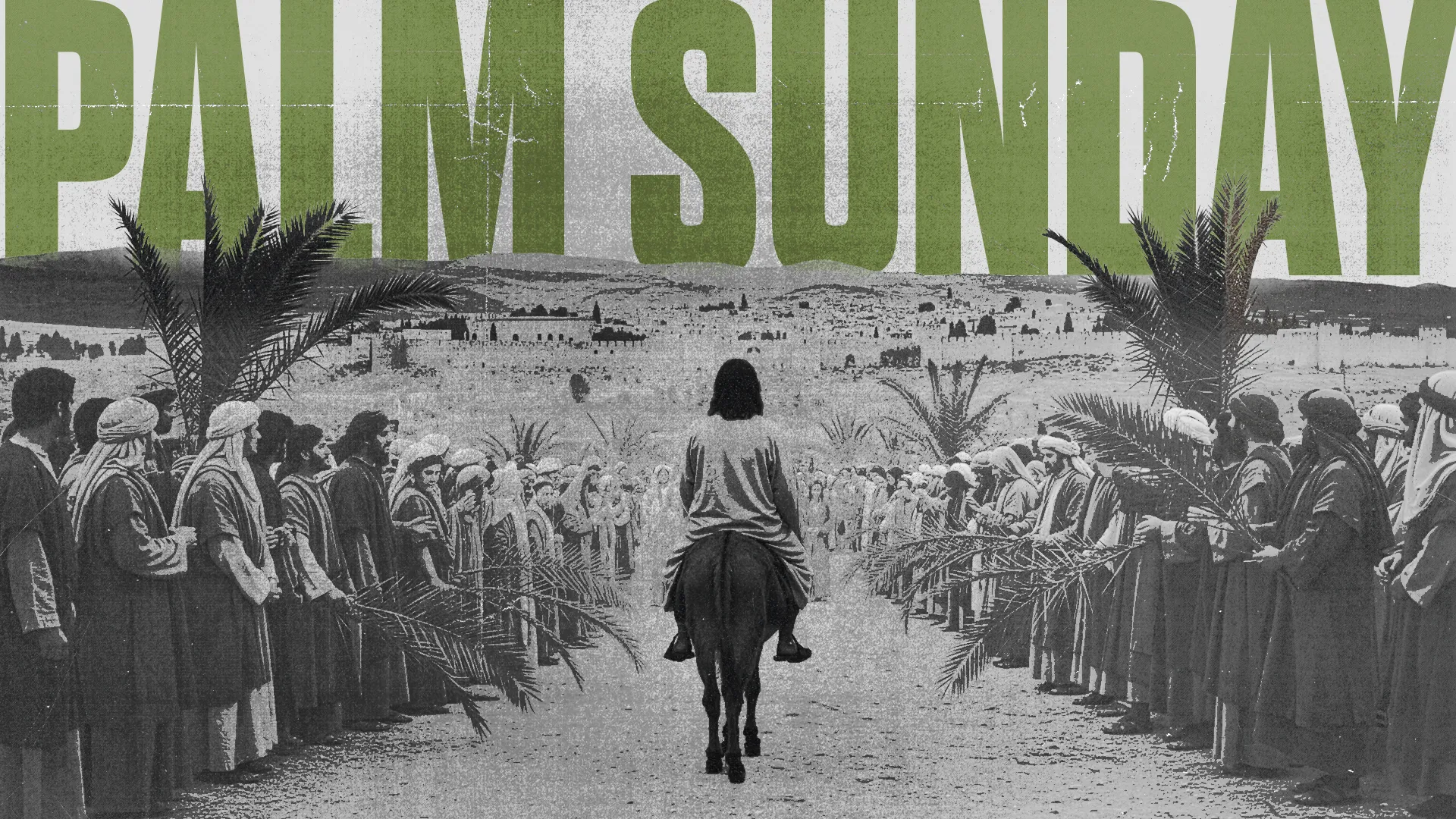 Jesus riding a donkey, greeted by a crowd with palm branches, celebrating Palm Sunday in a biblical setting.