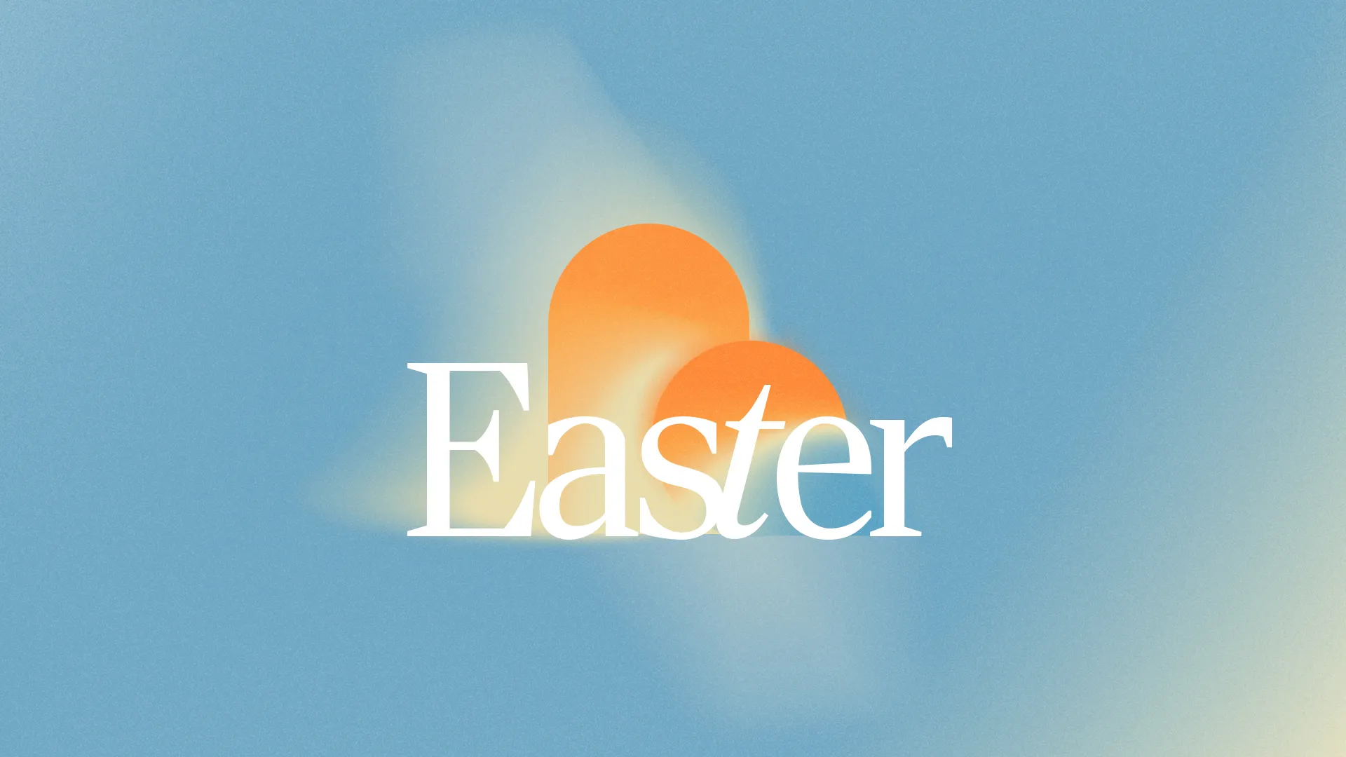 Easter celebration with soft blue background and vibrant orange circles, symbolizing new life and resurrection.