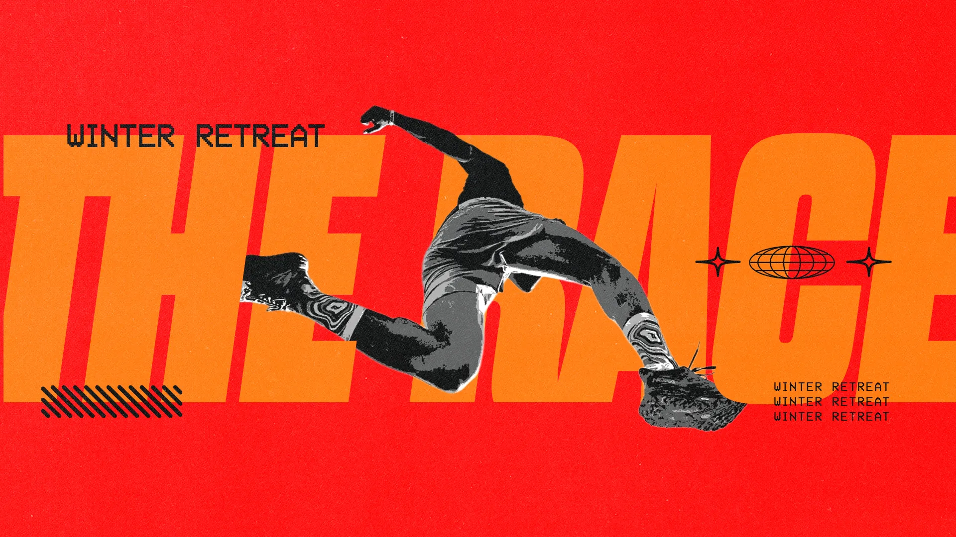 Dynamic graphic promoting "The Race" winter retreat, emphasizing community, faith, and spiritual growth through active participation.