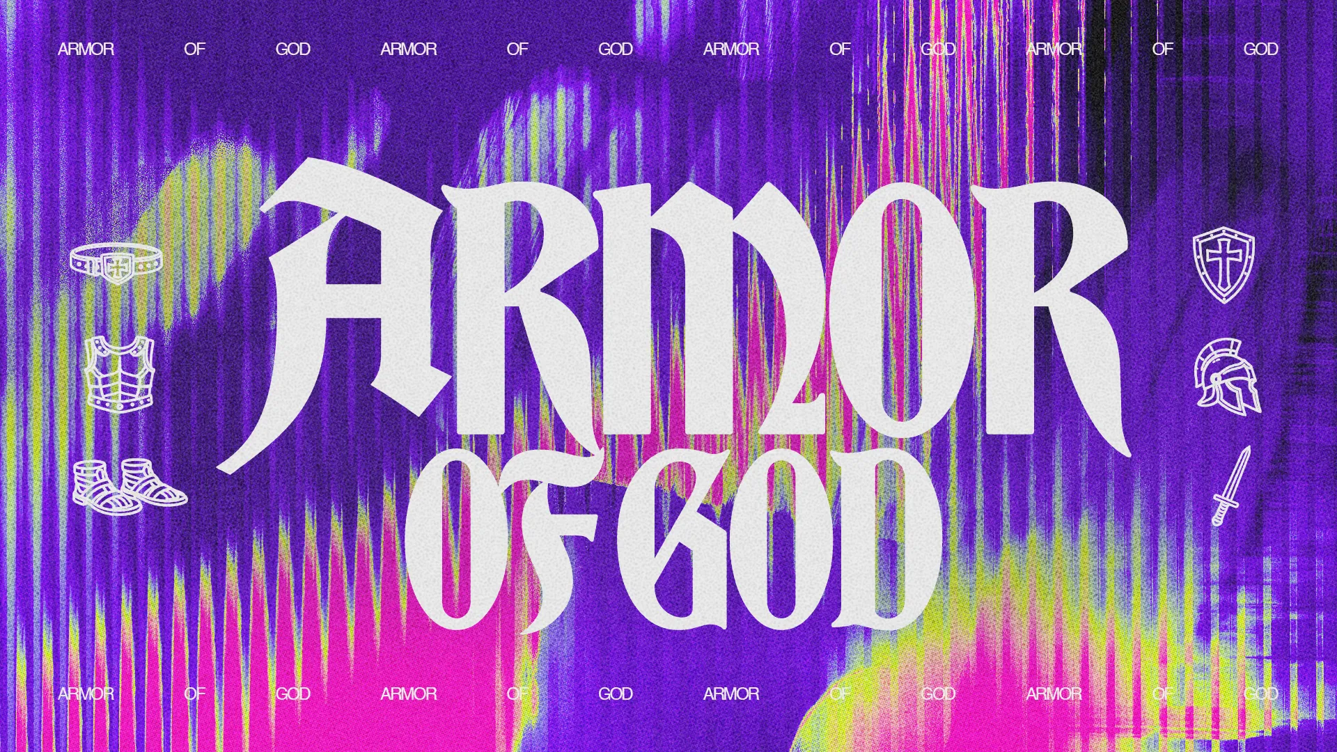 Bold text "ARMOR OF GOD" on a vibrant purple and pink background, featuring symbols of spiritual protection and faith.