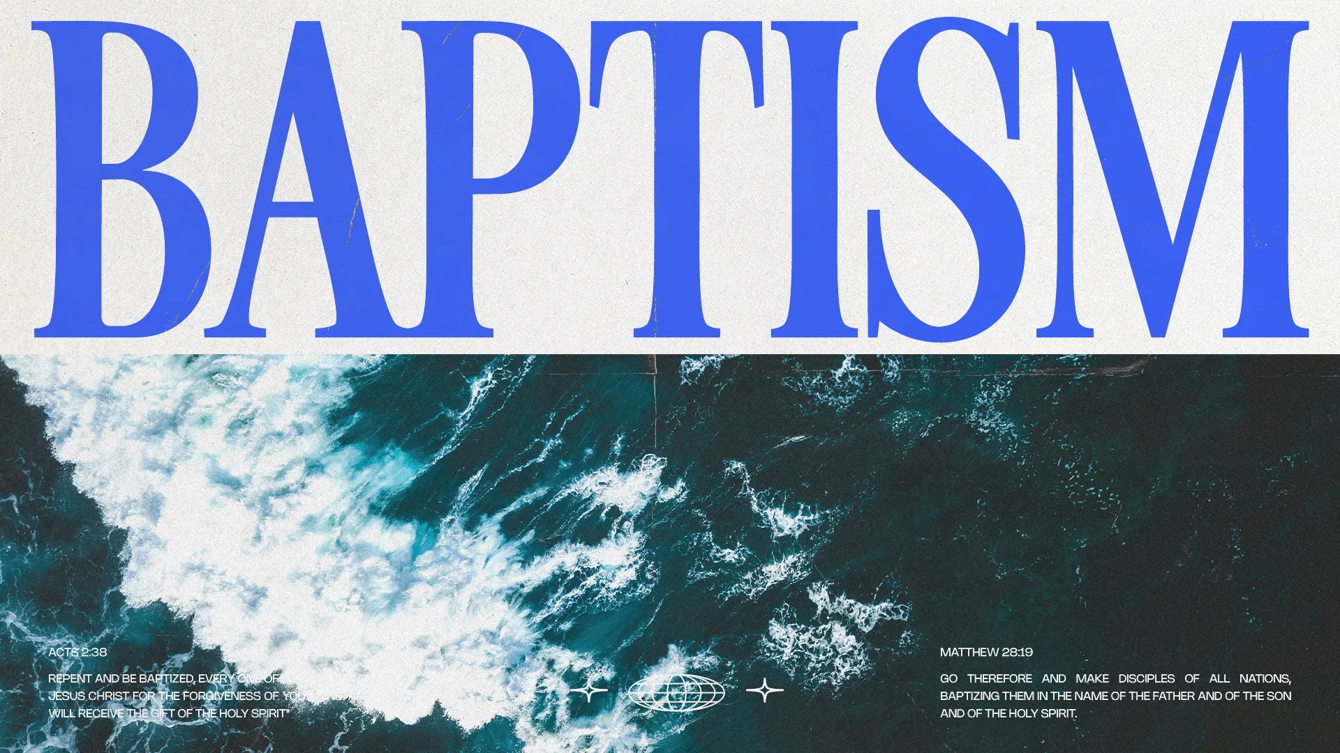 Baptism announcement featuring ocean waves, emphasizing faith, community, and spiritual renewal in church.