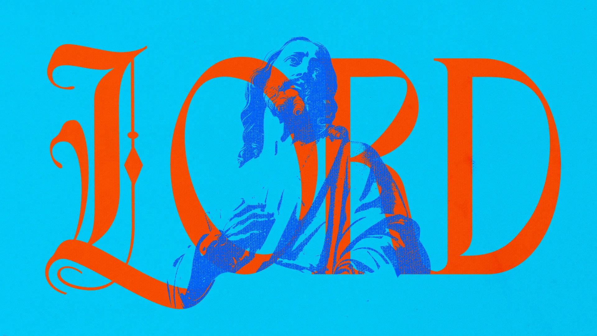 Bold text "LORD" overlays a serene depiction of Jesus, symbolizing faith and worship against a vibrant blue background.