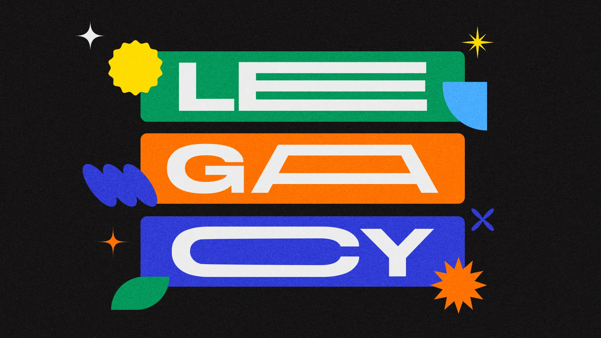 Colorful text spelling "LEGACY" with vibrant shapes and stars, symbolizing faith, community, and spiritual growth.