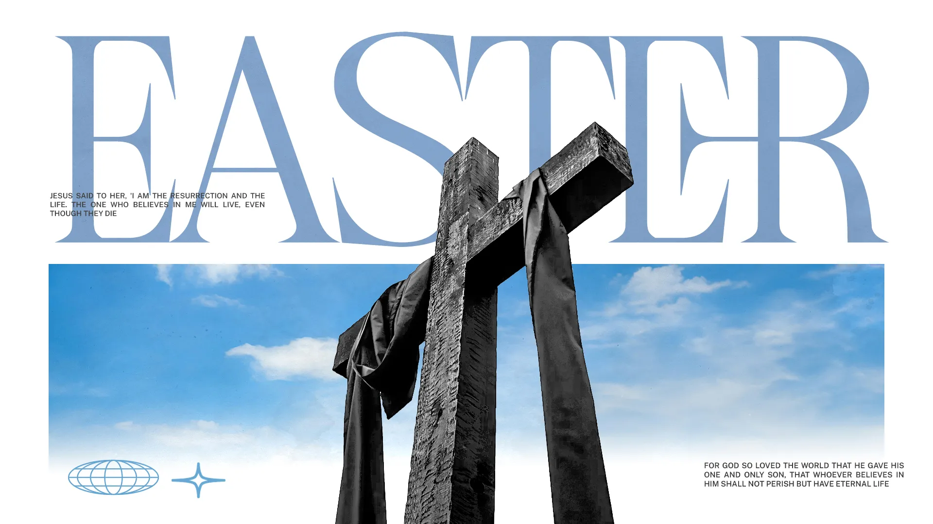 Easter-themed graphic featuring a cross draped in black cloth against a blue sky, symbolizing resurrection and hope.